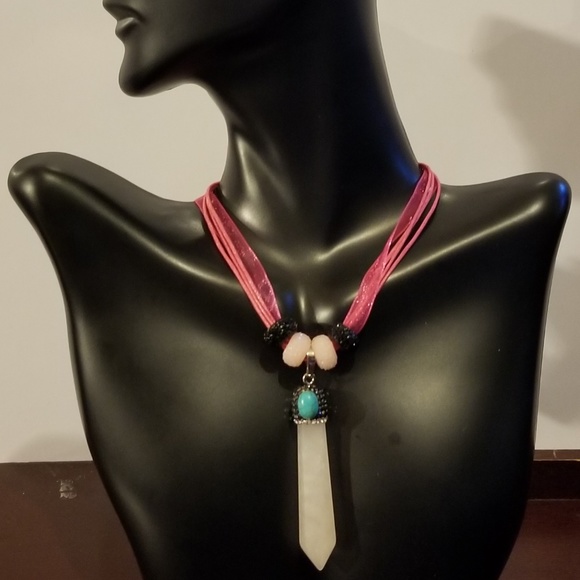 Rose Quartz Pave Crystal Pendulum Necklace - Picture 2 of 3